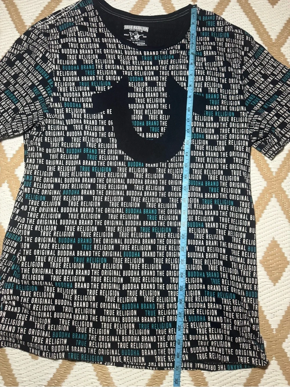 True Religion Black Short Sleeve Tee with White Logo and Teal Stripes
